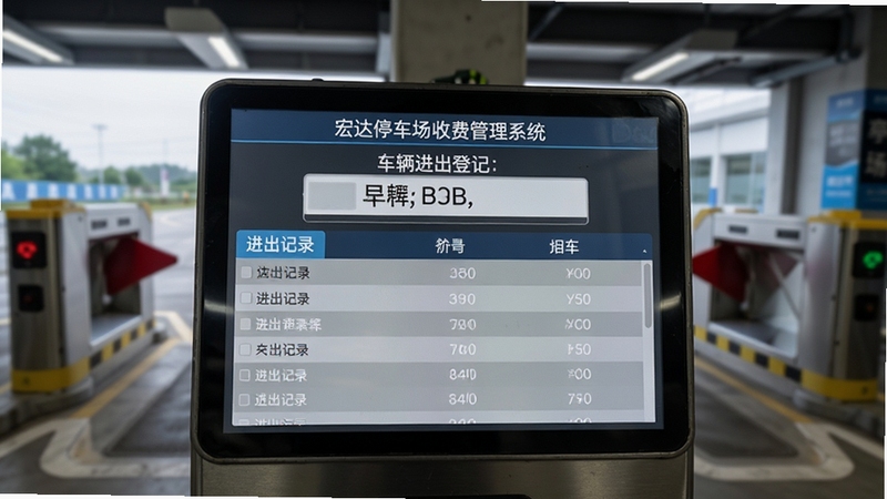 宏达停车场收费管理系统车辆进出登记界面特写,画面中心为车牌录入框与进出记录列表,背景为停车场闸机通道,整体色调沉稳专业,细节清晰可见,适配Boogu模型生成