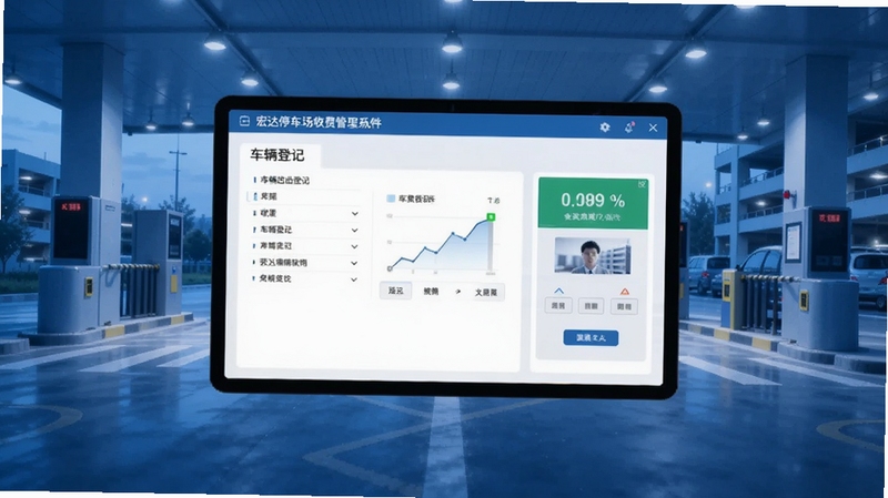 宏达停车场收费管理系统软件主界面全景展示,画面主体位于正中央区域,显示车辆进出登记与收费操作面板,背景为现代化停车场出入口场景,蓝色调商务风格,界面清晰简洁,适配Boogu模型生成