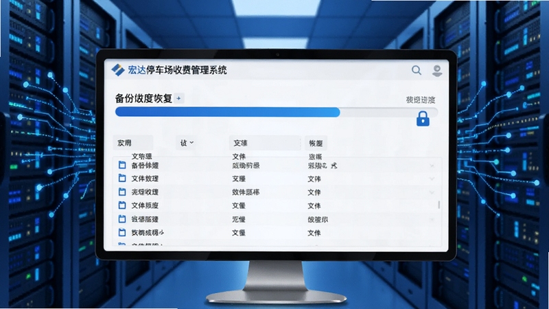 宏达停车场收费管理系统数据备份与恢复功能界面,画面主体为备份进度条与文件列表,背景为服务器机柜与数据流线条,科技感蓝色调,体现数据安全的可靠性,适配Boogu模型生成