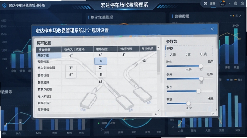 宏达停车场收费管理系统计费规则设置页面,画面主体为费率配置表格与参数调节滑块,背景为抽象的数据图表元素,配色以蓝灰为主,体现专业管理软件的严谨风格,适配Boogu模型生成