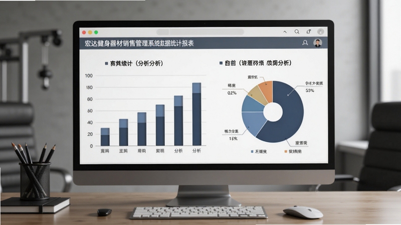 宏达健身器材销售管理系统数据统计报表界面,画面主体位于画面中心,展示柱状图与饼状图分析结果,背景为简约商务办公桌面,色调沉稳,适配Boogu模型生成
