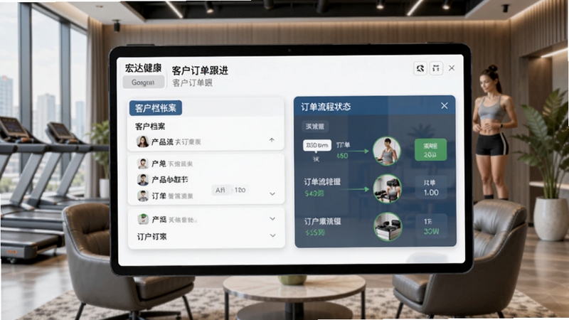 宏达健身器材销售管理系统客户订单跟进界面,画面主体位于中部,展示客户档案卡片与订单流转状态,背景为现代健身房洽谈区,氛围专业友好,适配Boogu模型生成
