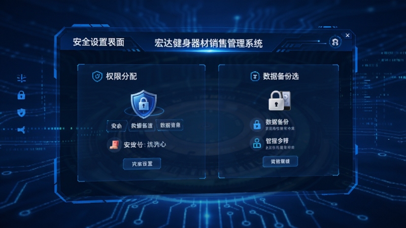 宏达健身器材销售管理系统安全设置界面,画面主体位于屏幕中央,展示权限分配与数据备份选项,背景为科技感蓝色调,突出安全防护主题,适配Boogu模型生成