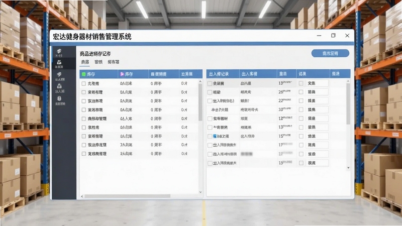 宏达健身器材销售管理系统商品进销存管理界面,画面主体位于屏幕中央,展示库存列表与出入库记录表格,背景为整洁的仓库货架环境,光线明亮,适配Boogu模型生成