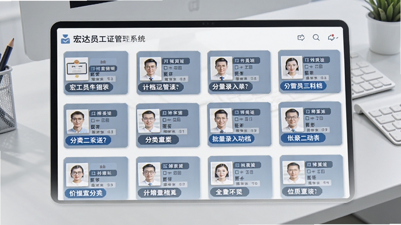 宏达员工证件管理系统批量录入功能界面,画面展示多个证件卡片整齐排列,每张卡片上有证件缩略图和分类标签,背景为浅灰色办公桌面,整体风格清新简约,突出软件的整理归档能力
