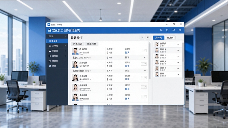 宏达员工证件管理系统主界面展示,画面中央为软件操作窗口,窗口内显示员工证件列表和分类标签,背景为现代化办公环境,色调以蓝色和白色为主,整体风格简洁专业,适合软件下载站展示图