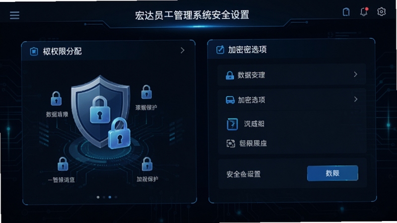 宏达员工证件管理系统安全设置界面,画面展示权限分配面板和加密选项,背景为深色科技风格,图标采用盾牌和锁形元素,突出数据安全保护主题