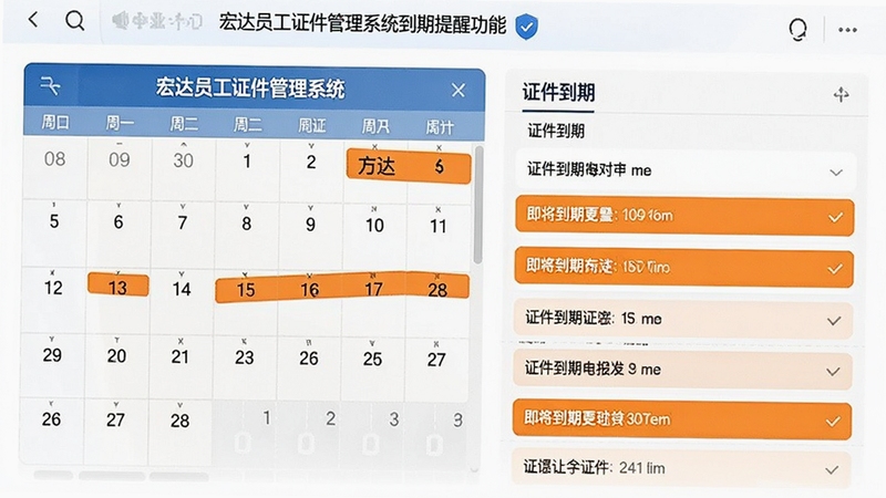 宏达员工证件管理系统到期提醒功能截图,画面显示日历视图和证件到期列表,即将到期的证件用橙色高亮标注,背景为白色,整体风格清爽明快,突出预警提醒的直观性