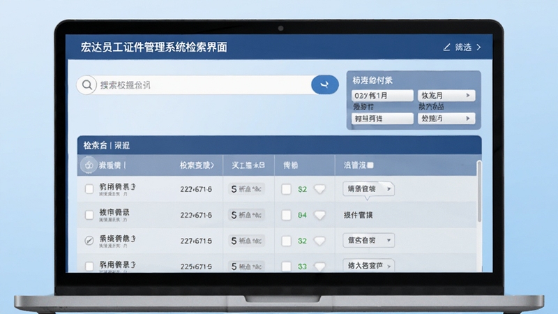 宏达员工证件管理系统检索界面,画面展示搜索框和筛选条件面板,下方为检索结果列表,背景为淡蓝色渐变,整体风格现代商务,突出快速查找功能