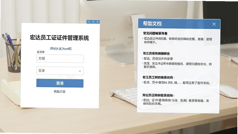 宏达员工证件管理系统登录界面和帮助文档截图,画面左侧为登录窗口,右侧为常见问题解答列表,背景为浅色办公桌面,整体风格清晰易读,突出问题解决指引