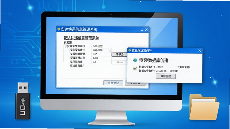 宏达快递信息管理系统 安装设置向导界面示意图,画面展示电脑屏幕上的安装路径选择对话框与数据库创建提示窗口,旁边有U盘和文件夹图标,背景为简洁的科技蓝渐变色调,突出安装注意事项与数据安全备份的重要性