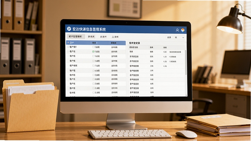 宏达快递信息管理系统 客户信息管理模块界面展示,画面中电脑屏幕显示客户列表与寄件历史记录,旁边有文件夹、档案袋等办公元素,背景为暖色调的办公室环境,体现信息归档与管理的专业感
