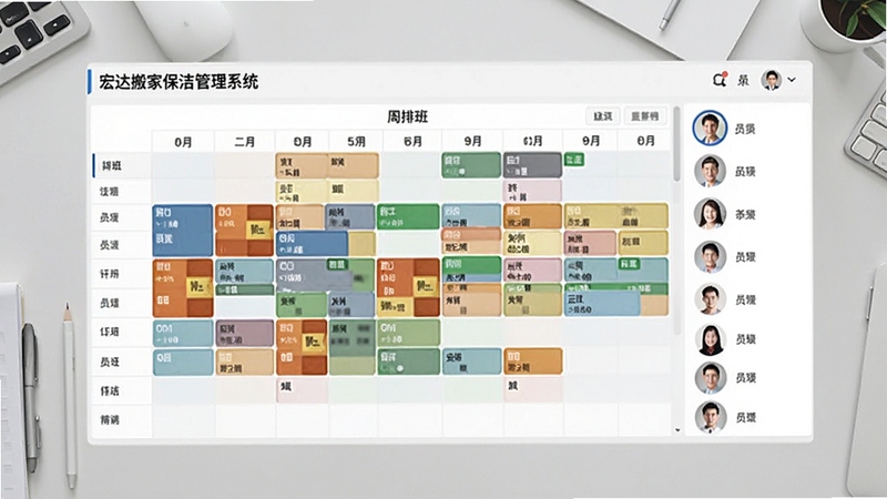 宏达搬家保洁管理系统员工排班看板界面图,画面中央为周排班表格,不同颜色色块区分员工任务状态,右侧为员工头像列表,背景为浅灰色办公桌面,整体风格简约专业