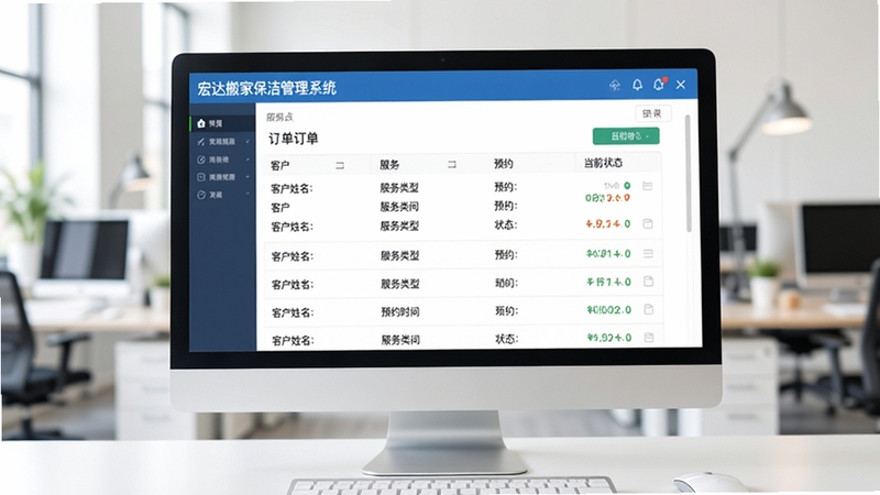 宏达搬家保洁管理系统订单管理界面展示图,画面主体为电脑屏幕中央的订单列表窗口,显示多条服务订单记录,每条记录包含客户姓名、服务类型、预约时间和当前状态,背景为模糊的办公室环境,整体色调清爽明亮