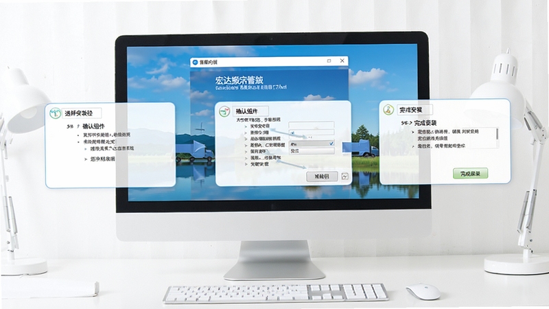 宏达搬家保洁管理系统安装步骤示意图,画面展示电脑屏幕上软件安装向导窗口,依次标注选择安装路径、确认组件、完成安装三个步骤,背景为简洁的白色桌面环境,整体风格清晰易懂