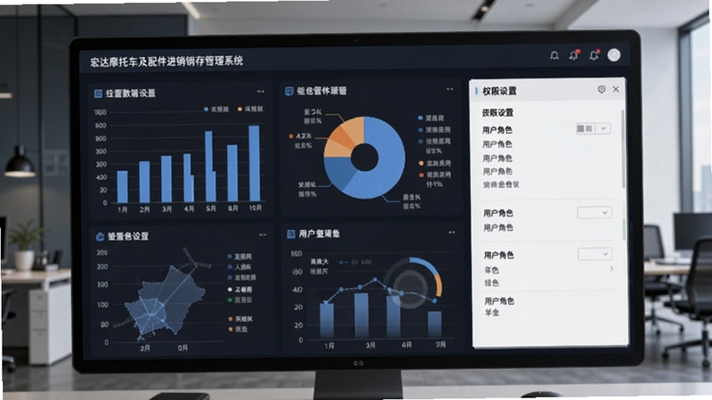 宏达摩托车及配件进销存管理系统经营报表与数据安全界面,画面展示多张统计图表与权限设置面板,屏幕上有柱状图、饼图与用户角色列表,背景为现代办公环境,色调沉稳专业,适配Boogu模型生成