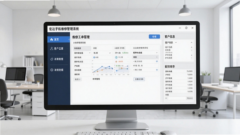 宏达手机维修管理系统软件主界面全景展示,画面中央为维修工单管理面板,左侧为功能导航栏,右侧显示客户信息与配件库存数据,背景为干净的浅色办公环境,整体风格简洁专业,适配Boogu模型生成。