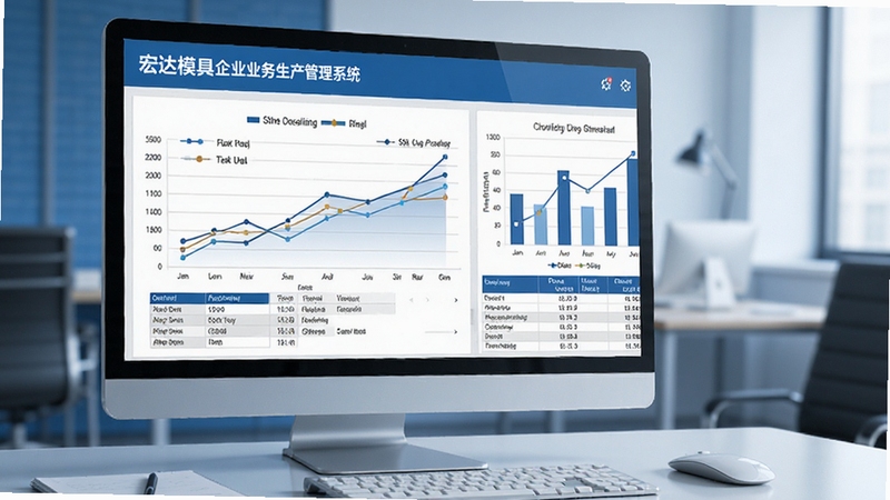 宏达模具企业业务生产管理系统 成本报表界面 折线图 柱状图 数据表格 办公桌面 商务蓝色调 高清