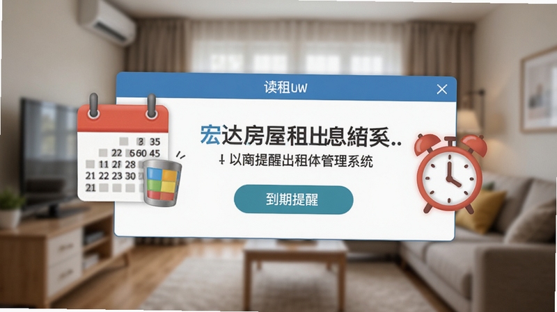 宏达房屋出租信息管理系统 到期提醒弹窗效果图,画面中央显示一条醒目的续租提醒通知,旁边有日历标记和闹钟图标,背景为模糊的房间内景,传达及时提醒、避免遗漏的主题