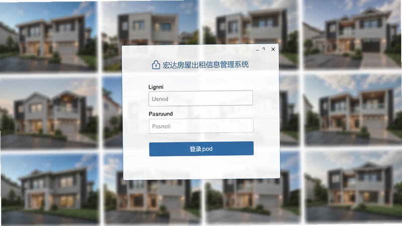 宏达房屋出租信息管理系统 登录界面示意图,画面展示一个简洁的登录窗口,包含用户名和密码输入框,背景是模糊的房源照片墙,整体风格偏向商务实用,突出登录入口的清晰与安全