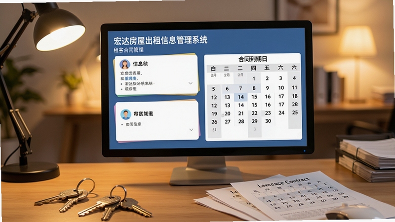 宏达房屋出租信息管理系统租客合同管理界面,画面展示租客信息卡片与合同到期日历,桌面上散落钥匙和租赁合同文本,背景为暖色调室内光线,体现房屋租赁业务日常办公氛围