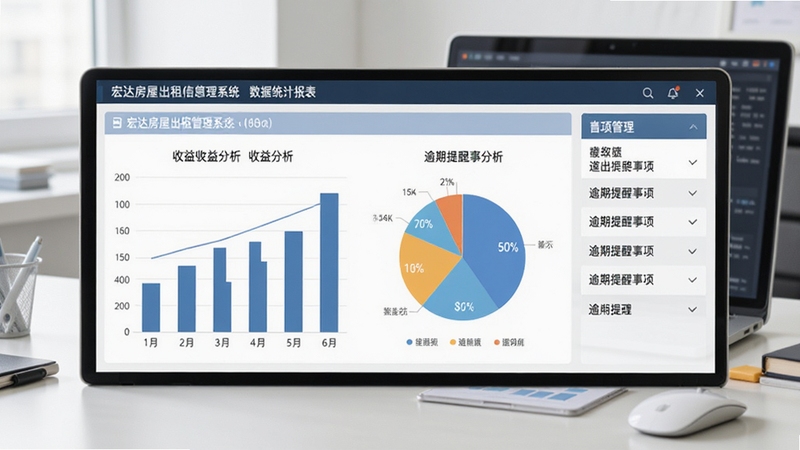 宏达房屋出租信息管理系统数据统计报表页面,画面中央为柱状图与饼图组合的收益分析面板,右侧列出逾期提醒事项清单,背景为简洁的办公桌面与笔记本电脑,体现数字化管理出租业务的高效场景