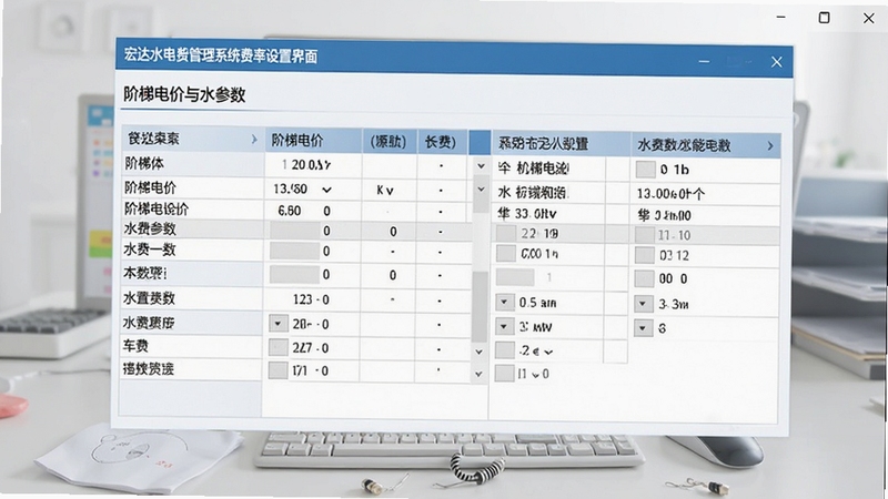 宏达水电费管理系统费率设置界面截图,展示阶梯电价与水费参数配置面板,界面清晰,数据表格整齐排列,背景为浅灰色办公桌面,适合软件功能介绍配图