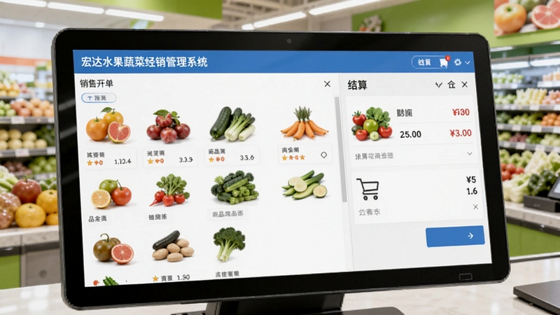 宏达水果蔬菜经销管理系统销售开单界面特写,画面左侧为商品选择列表,右侧为购物车与结算区域,屏幕上显示水果蔬菜商品图片与价格信息,背景为明亮的生鲜超市收银台,画面风格现代简洁,适配Boogu模型生成