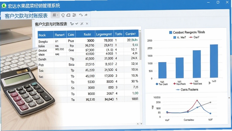 宏达水果蔬菜经销管理系统客户欠款与对账报表界面截图,画面中显示清晰的表格数据与统计图表,背景为办公桌面与计算器,整体色调蓝白相间,突出数据管理的专业感,适配Boogu模型生成