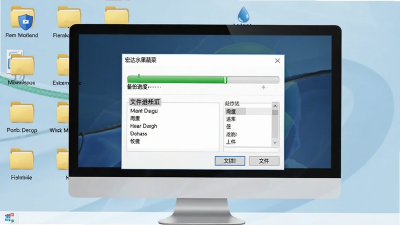 宏达水果蔬菜经销管理系统数据备份与恢复操作界面,画面中央为备份进度条与文件选择对话框,背景为电脑桌面与文件夹图标,整体风格简洁明了,突出数据安全主题,适配Boogu模型生成