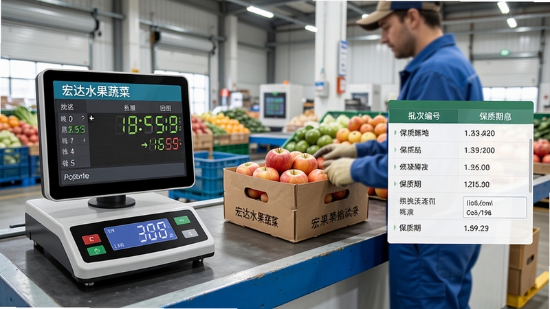 宏达水果蔬菜经销管理系统智能称重与批次管理功能界面,画面左侧为电子秤称重数据实时回传演示,右侧为批次编号与保质期信息列表,背景为生鲜仓库入库操作台,有工作人员正在称量一箱苹果,整体画面明亮清晰,写实风格