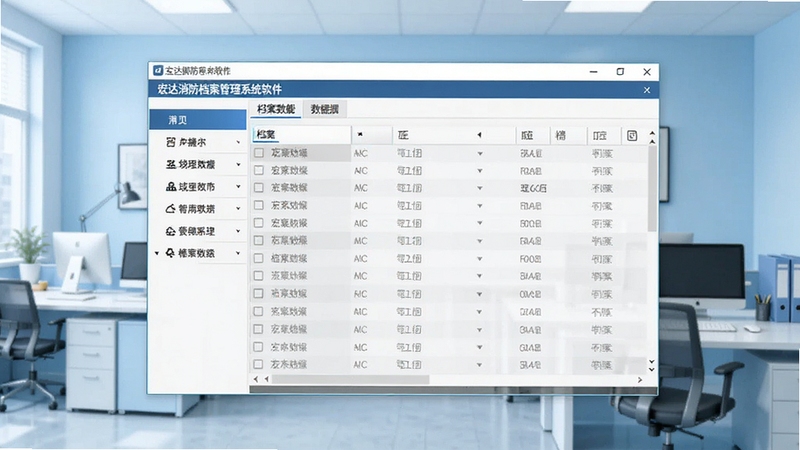 宏达消防档案管理系统软件主界面全貌展示,画面中央为软件操作窗口,左侧为功能导航栏,右侧为档案数据列表,背景为浅蓝色办公环境,整体风格简洁专业,适配Boogu模型生成
