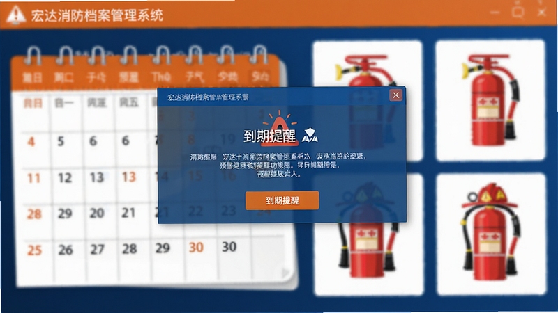 宏达消防档案管理系统预警提醒功能界面,画面展示软件弹出到期提醒窗口,背景为日历和消防设备图标,整体色调为橙色和蓝色搭配,突出警示感