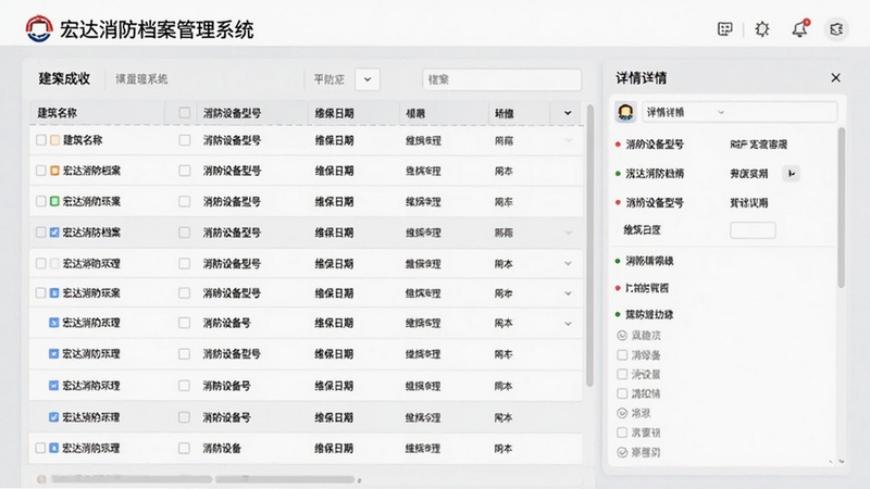宏达消防档案管理系统档案全周期管理功能界面,画面展示档案列表和详情面板,包含建筑名称、消防设备型号、维保日期等字段,界面采用卡片式设计,背景为浅灰色,画面清晰专业