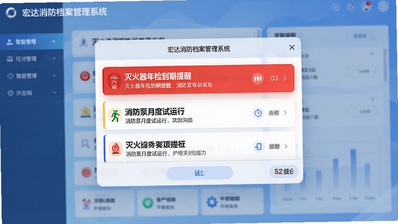 宏达消防档案管理系统智能提醒弹窗界面,画面显示多条待办任务通知,如“灭火器年检到期提醒”“消防泵月度试运行”,通知列表清晰醒目,背景为柔和蓝色渐变,突出提醒的紧迫感与科技感