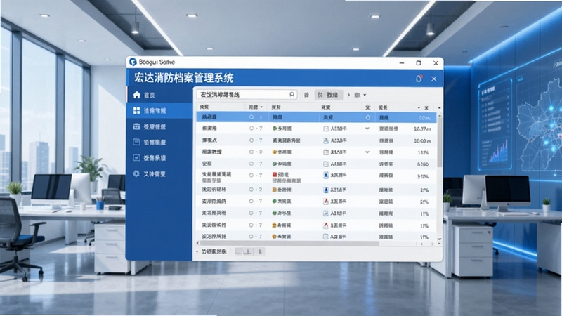 宏达消防档案管理系统主界面全景展示,画面中央为软件主窗口,左侧为功能导航菜单,右侧为档案数据列表,背景为现代化办公环境,色调以蓝色和白色为主,突出专业与科技感,符合Boogu模型生成风格