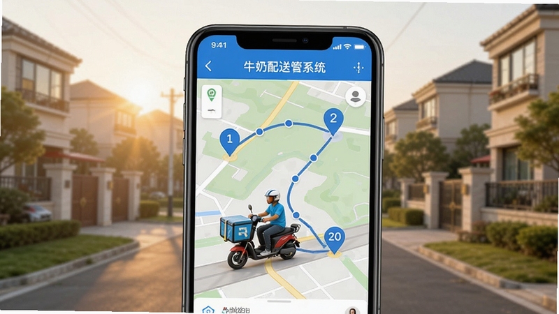 宏达牛奶配送管理系统路线规划功能 画面为手机屏幕显示地图上多个配送点按数字顺序连线 配送员骑行电动车在路上 背景为居民小区早晨 光线柔和