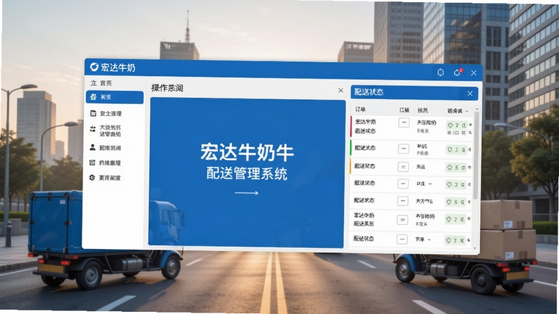 宏达牛奶配送管理系统软件主界面全貌展示,画面中央为软件操作面板,左侧为功能导航栏,右侧为订单列表与配送状态区域,背景为清晨城市配送场景,整体风格简洁商务,蓝白配色,高清细节,适配Boogu模型生成