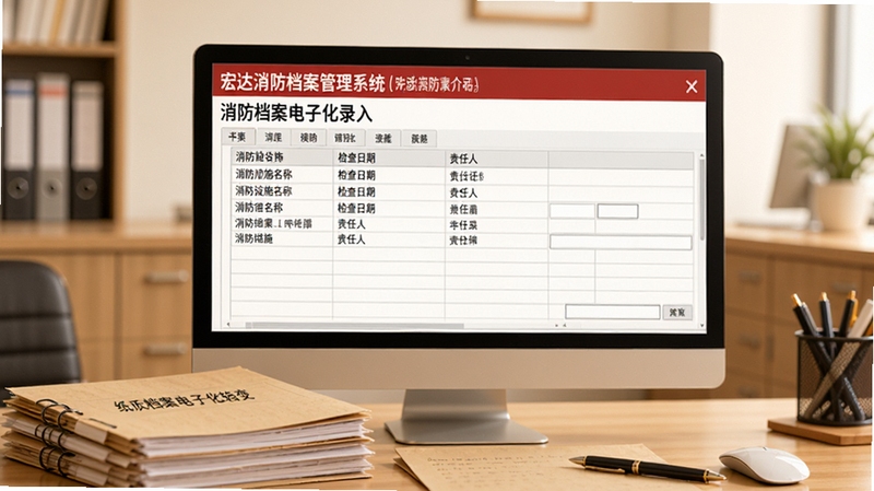 宏达消防档案管理系统 消防档案电子化录入界面,画面中央为电脑屏幕显示档案录入表格,表格内包含消防设施名称、检查日期、责任人等字段,屏幕前方放置一叠纸质档案和一支笔,寓意纸质档案向电子化转变,背景为整洁的办公室桌面,画面风格写实,色调温暖,适合软件功能介绍配图