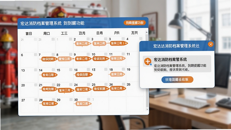 宏达消防档案管理系统 到期提醒功能界面,画面中央为日历视图上标注了多个维保到期日期,旁边弹出提醒通知窗口,背景为消防设施和办公桌的虚化场景,画面风格清新简洁,色调以蓝色和橙色为主,突出提醒功能的重要性,适合软件功能展示