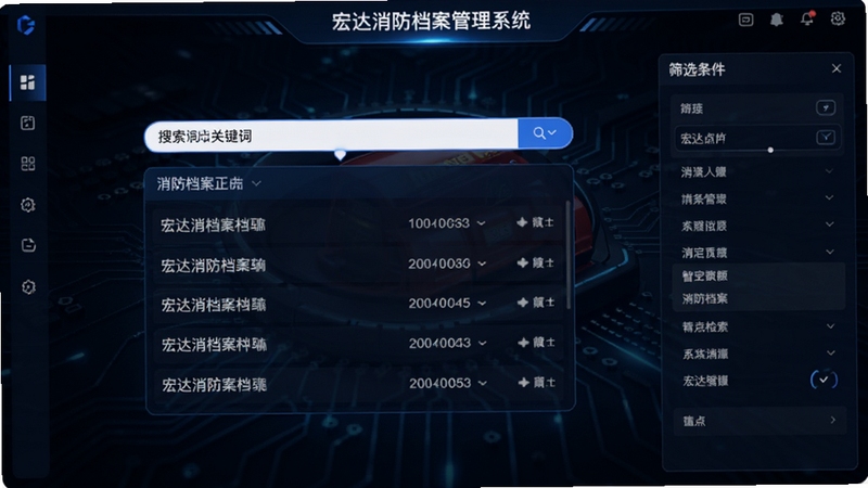 宏达消防档案管理系统 智能检索功能展示,画面中央为搜索框输入关键词后弹出多条匹配的消防档案记录列表,右侧显示筛选条件面板,背景为深色科技感界面,突出数据检索的高效与精准,画面风格为现代软件UI风格,细节丰富,适合功能亮点展示