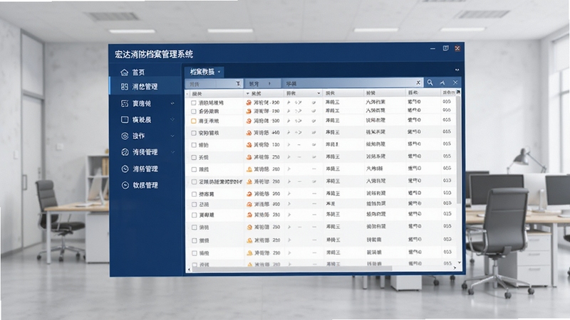 宏达消防档案管理系统软件主界面全景展示,画面中央为软件操作主窗口,左侧为功能导航菜单栏,右侧为档案数据列表区域,整体采用深蓝色商务风格,背景为浅灰色渐变办公环境,画面清晰体现消防档案管理系统的专业界面布局与功能模块,适配Boogu模型生成