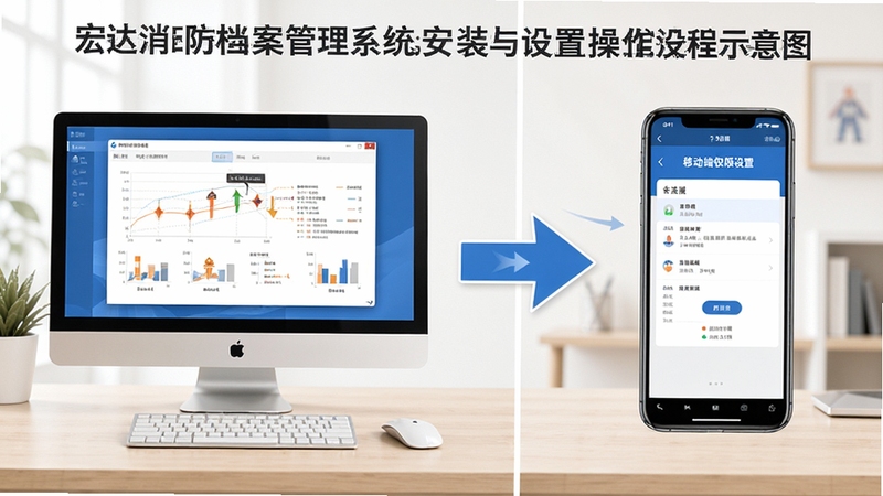 宏达消防档案管理系统安装与设置操作流程示意图,画面分为左右两部分,左侧为电脑端安装向导界面,右侧为移动端权限设置页面,中间用箭头连接表示操作步骤,背景为浅色办公桌面,整体清晰展示安装避坑与基础设置要点