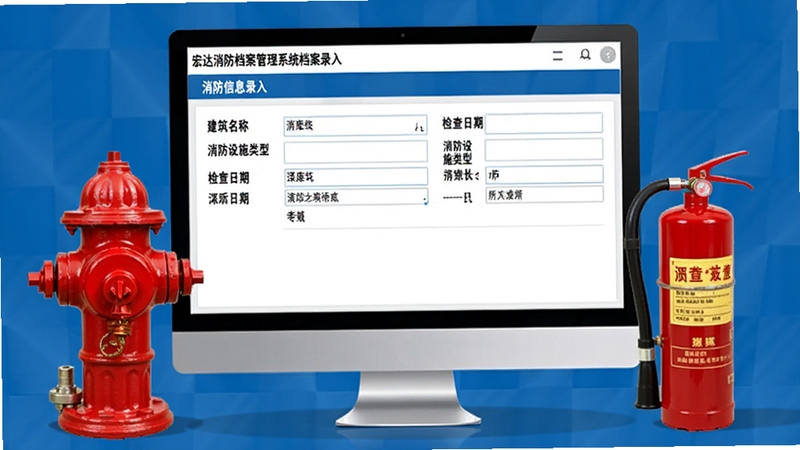 宏达消防档案管理系统档案录入界面截图风格,画面展示档案信息录入表单,包含建筑名称、消防设施类型、检查日期等字段,屏幕旁边放置消防栓和灭火器实物,整体色调为专业蓝白色,突出消防档案电子化归档的便捷性