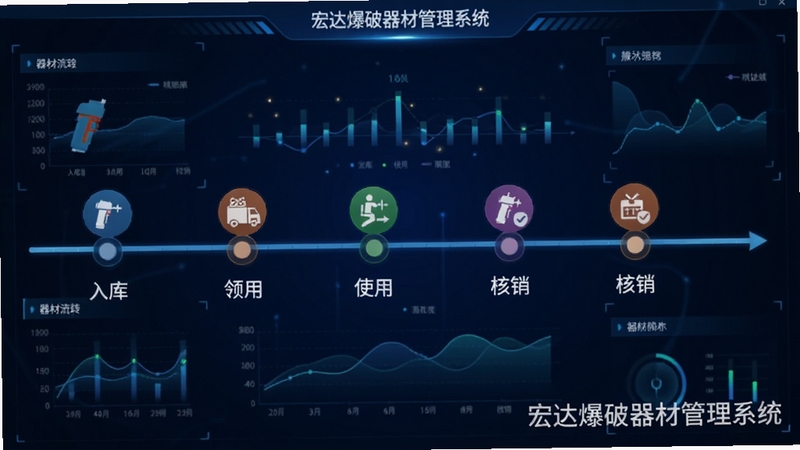 宏达爆破器材管理系统流向追踪功能界面,画面主体为一条时间轴式的器材流转记录,每个节点标注入库、领用、使用、核销等状态图标,背景为深蓝色数据可视化风格,画面右下角有宏达爆破器材管理系统字样水印