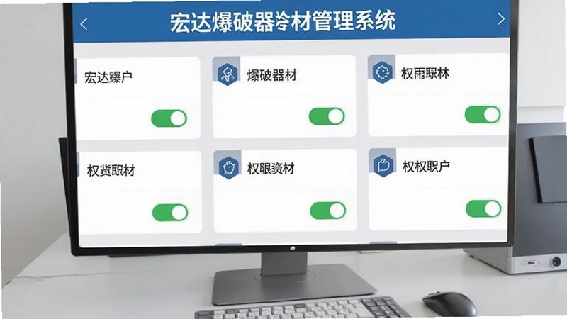 宏达爆破器材管理系统权限管理设置界面,画面展示多个角色卡片并列排布,每张卡片上有角色名称与权限开关按钮,背景为浅灰色办公桌面,整体风格简洁清晰,突出软件名称宏达爆破器材管理系统