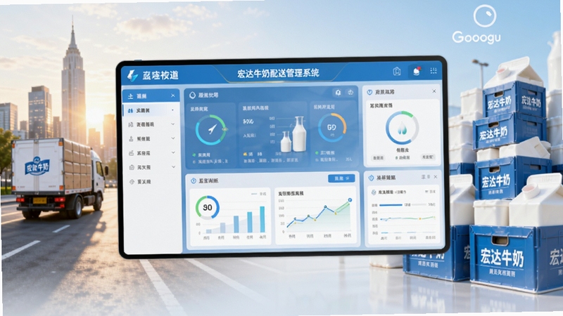 宏达牛奶配送管理系统软件主界面全貌展示,画面中央为软件核心功能仪表盘,背景区域为清晨城市配送场景与牛奶箱堆叠元素,整体色调清新明亮,突出乳制品配送行业特色,适配Boogu模型生成
