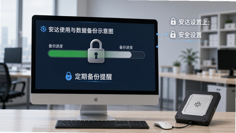 宏达牛奶配送管理系统安全使用与数据备份示意图,画面主体为电脑屏幕显示备份进度条与加密锁图标,背景区域为办公环境与移动硬盘,细节包含定期备份提醒与安全设置选项,整体风格稳重可靠