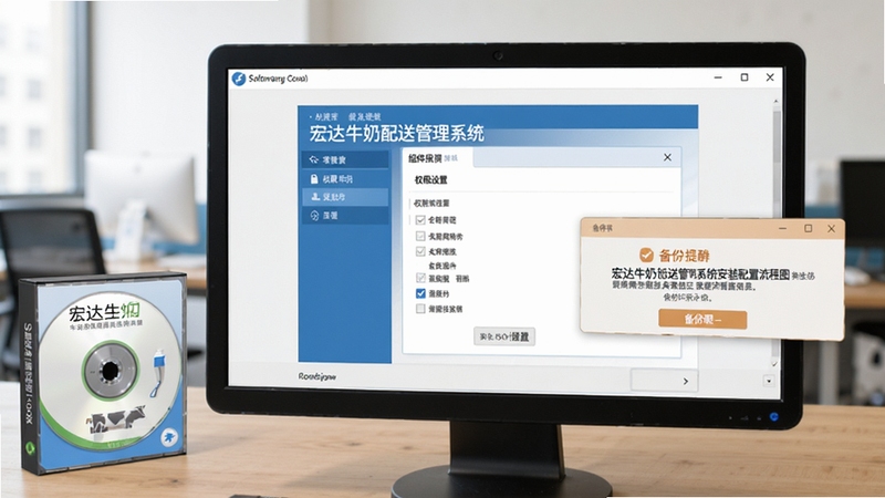 宏达牛奶配送管理系统安装配置流程图,画面主体为电脑屏幕显示安装向导与组件检测界面,背景区域为办公桌面与软件光盘盒,细节包含权限设置勾选项与备份提醒弹窗,整体风格清晰直观
