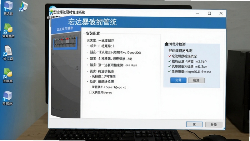宏达爆破器材管理系统安装配置界面截图,画面显示安装向导窗口和组件检测提示,背景为电脑桌面环境,清晰展示安装步骤,写实风格